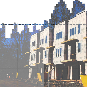 illustration of a series of townhomes inset with a jagged bar chart with a dashed line