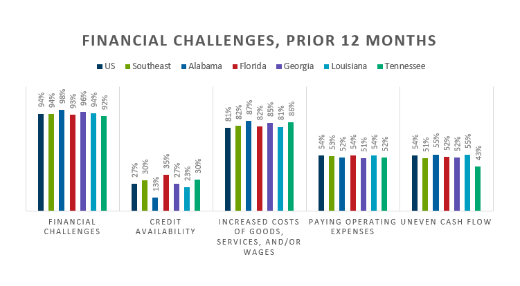 Figure 3: Financial Challenges Reported by Small Businesses in the Southeast, Prior 12 Months