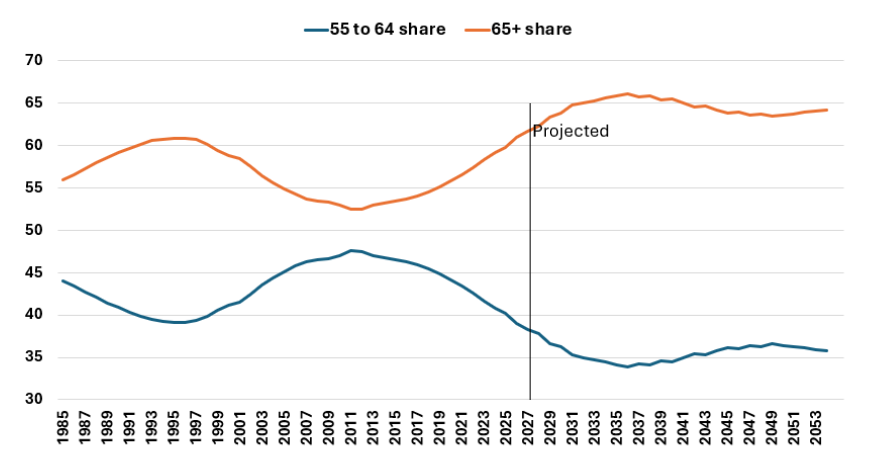 Figure 7: Population Shares Within the 55+ Age Group: Actual and Projected