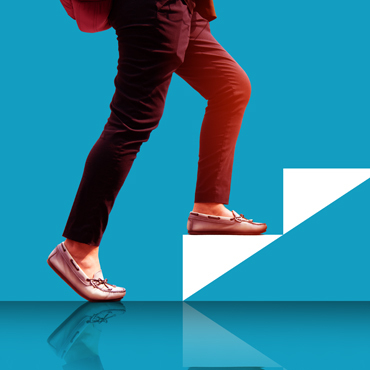 illustration of a woman in red pants and sandals starting to walk up a white staircase in front of a blue background