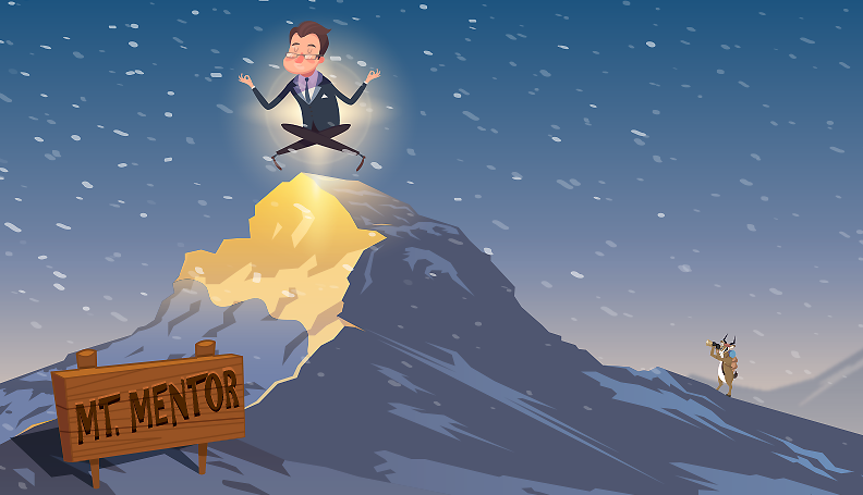 illustration of a businessman meditating atop a snowy mountain
