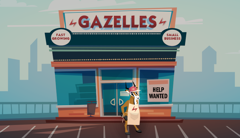 illustration of gazelle dressed as store owner outside a building