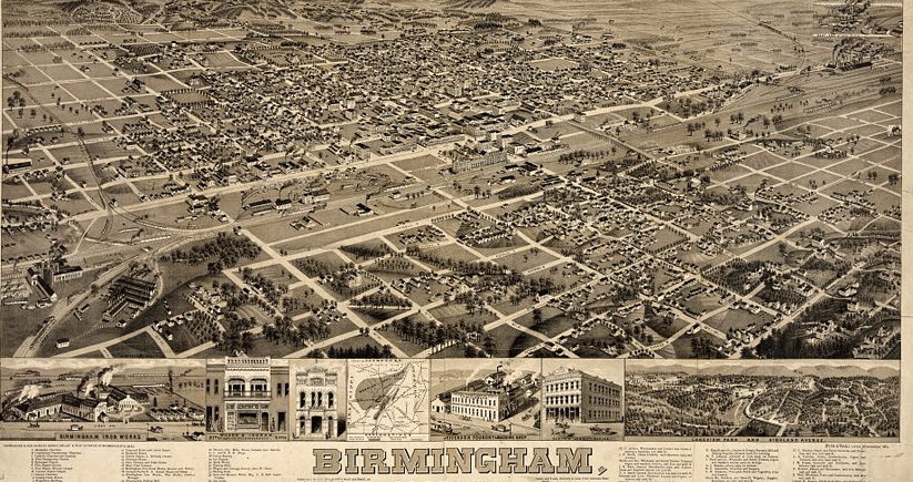 From 1885, a composite of bird's-eye views of Birmingham, Alabama. Image courtesy of the Library of Congress Photographic Archives