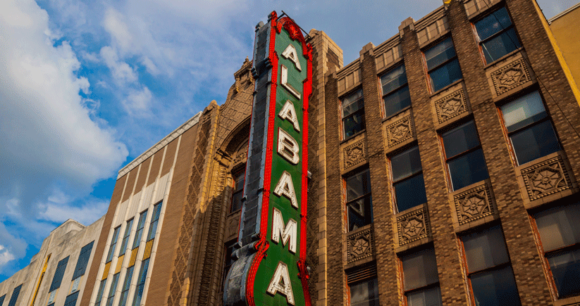 Built in 1927 by Paramount Studios as a showcase for that studio’s films, the Alabama Theatre was renovated in 1998. One of three historic theaters in downtown Birmingham, the Alabama today hosts live events and films. Photo by Kendrick Disch