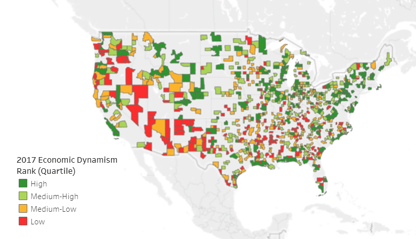 map of selected metropolitan and micropolitan statistical areas in the United States from the Atlanta Fed's Small City Economic Dynamism Index