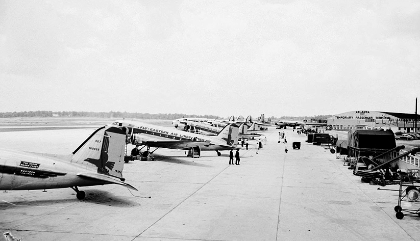In 1949, Eastern Air Lines’s fleet at Atlanta Municipal Airport, with the Temporary Passenger Ternimal in the background. Photo courtesy the Special Collections and Archives, Georgia State University Library