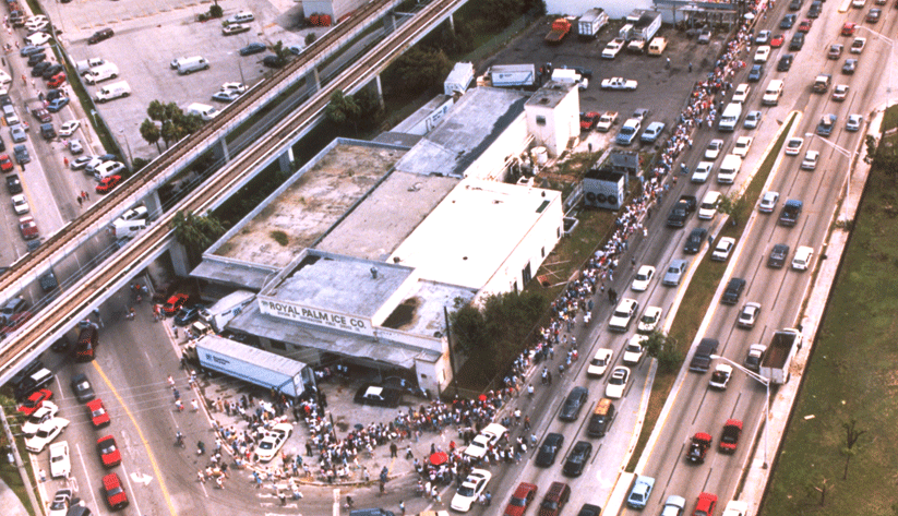 In Hurricane Andrew's aftermath, disaster victims in Dade County, Florida, line up to receive ice. Photo by Bob Epstein and courtesy of the Federal Emergency Management Agency