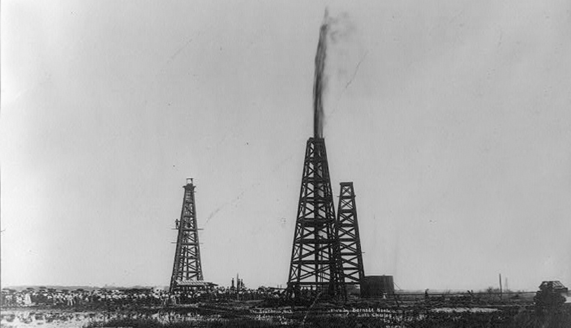Oil was first struck in Louisiana in this field at Jennings. This image shows oil gushing from a well in 1902. Photo courtesy of the Library of Congress photographic archives