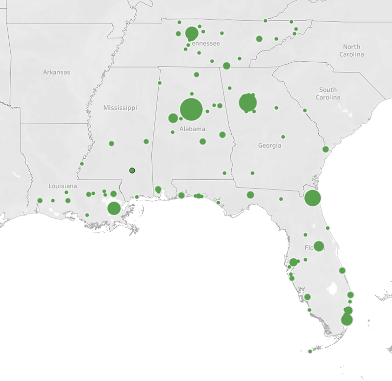 map of the Southeast United States showing location and frequency of REIN interviews