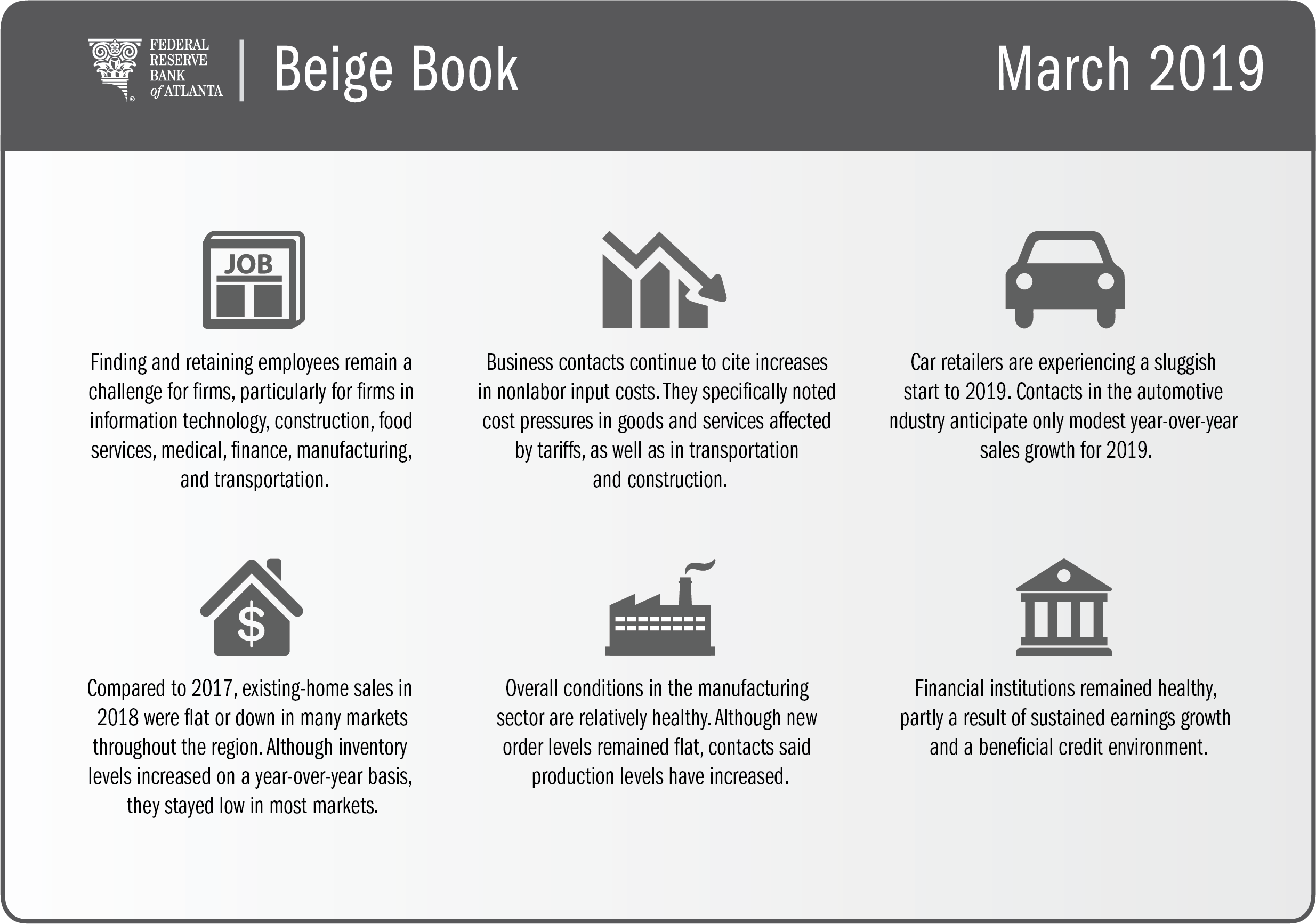 infographic with key findings on employee retention, input costs, and other details from the March 2019 Beige Book