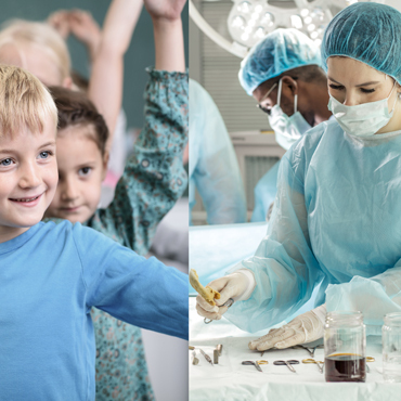 side by side image of children and nurses 