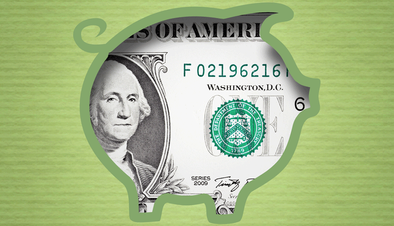 cutout in the shape of a piggy bank revealing dollar bill behind