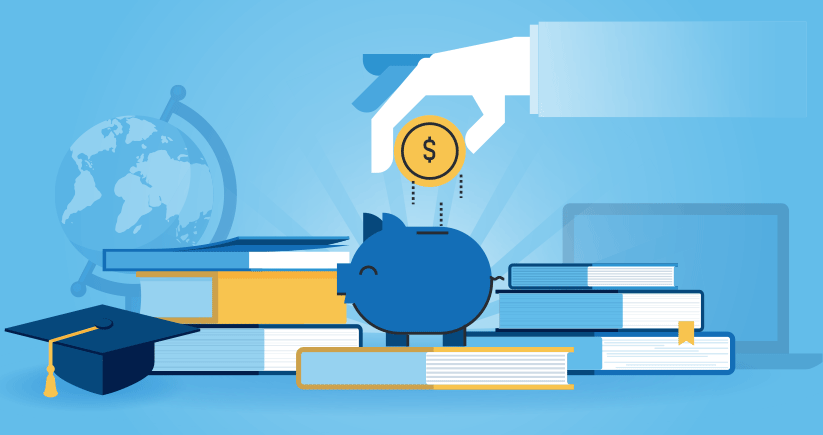 illustration of a hand dropping a coin into a piggy bank with school textbooks, graduation cap, laptop, and globe in the background