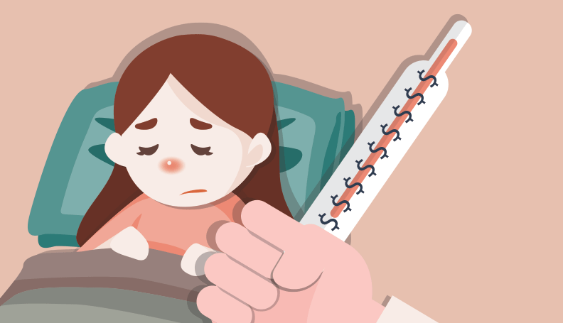 sick girl in bed with a doctor's hand in the foreground holding a thermometer with dollar signs inside