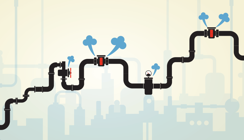 illustration of a series of pipes under pressure puffing out clouds of steam