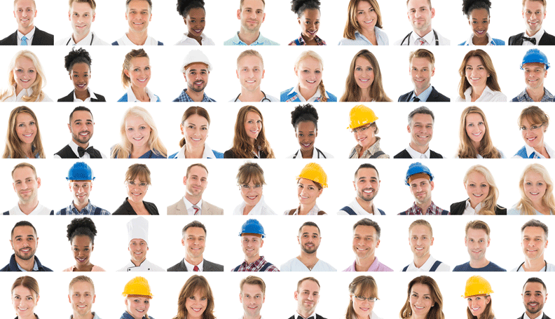 faces of a group of people in different types of jobs, in a grid, all facing the viewer