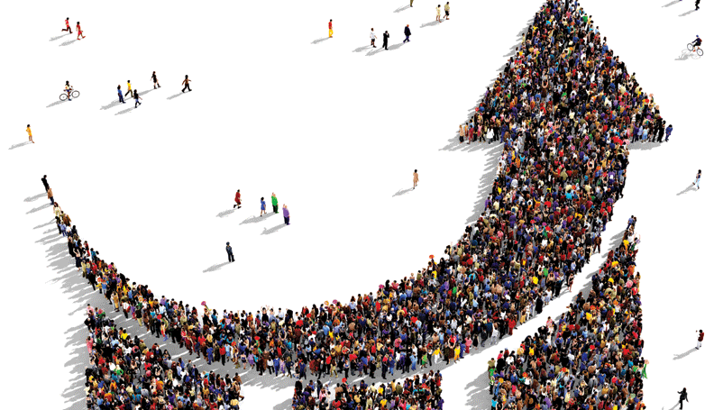 illustration of a large group of people forming a bar chart with an upward arrow