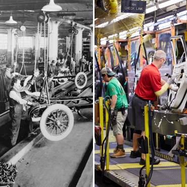 Two images side by side of automobile assembly lines. Left side from early 1900s, right side in present time.
