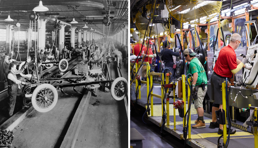 Two images side by side of automobile assembly lines. Left side from early 1900s, right side in present time.