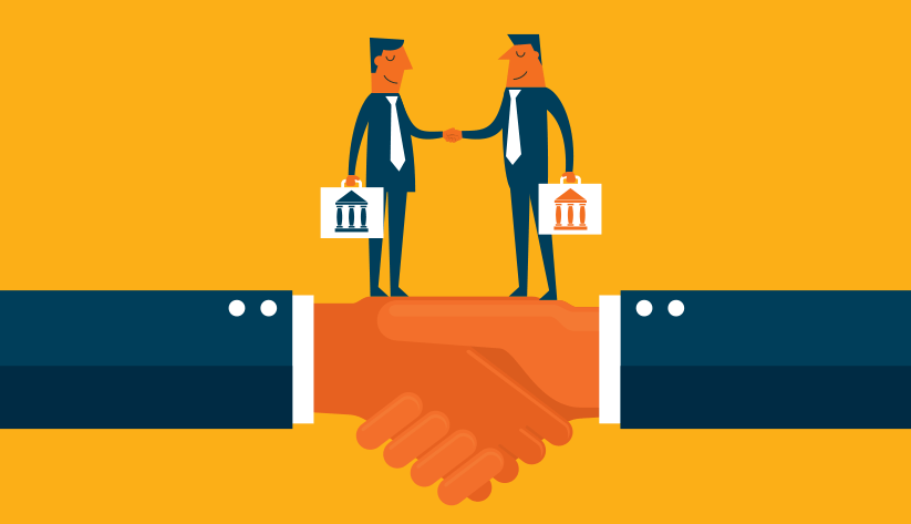 illustration of two bankers with briefcases shaking hands on top of a larger pair of shaking hands