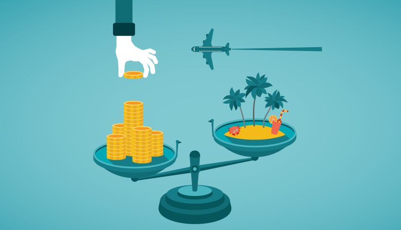 illustration of a set of scales with a hand placing a stack of coins on one side and a tropical island with a plane on the other side