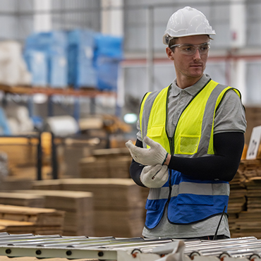 man in protective gear inside manufacturing warehouse in front of conveyor belt
