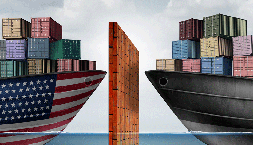 photo illustration of two container ships facing each other with a wall in between