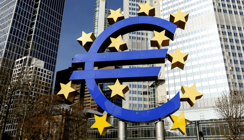 outside sculpture of the European Union euro symbol