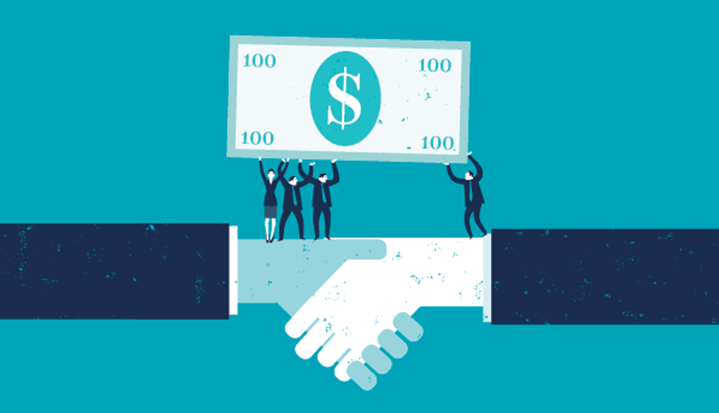 illustration of hands shaking with small figures holding a large 100-dollar bill