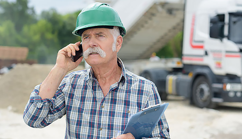 Photo of man on construction site holding clipboard talking on phone