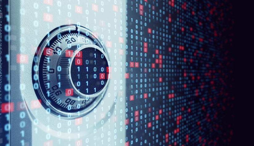photo illustration of a combination lock dial overlaid with a pattern of zeros and ones
