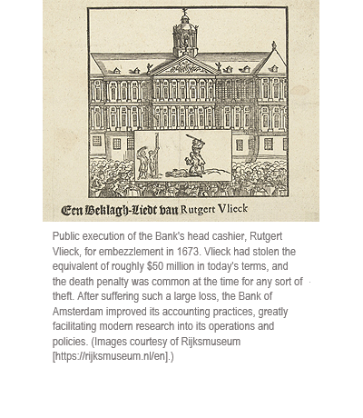 Public execution of the Bank's head cashier, Rutgert Vlieck, for embezzlement in 1673