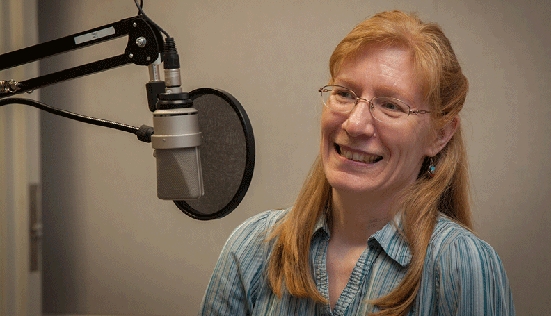 Economist Julie Hotchkiss at the recording of a podcast episode.