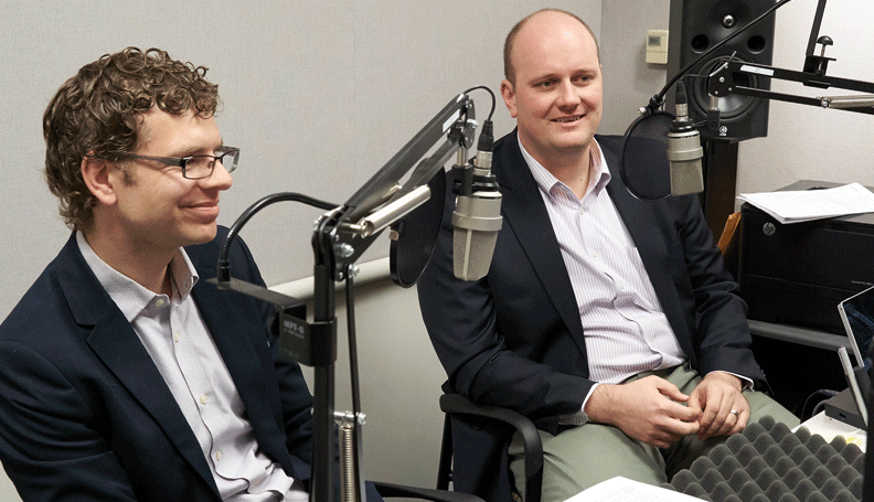Mels de Zeeuw (left), a research analyst II and Stuart Andreason, Workforce Development Director, both of the Atlanta Fed's Community Development department, during the recording of a podcast episode, at the recording of a podcast episode