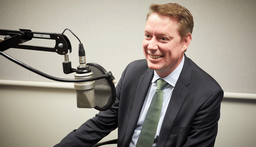 Jayson Lusk (distinguished professor and department head of agricultural economics at Purdue University) during the recording of a podcast episode.