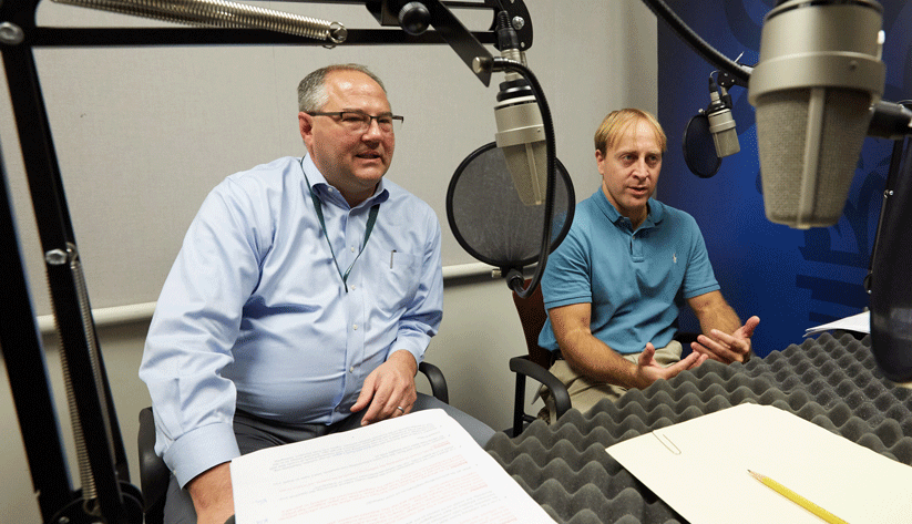 Scott Frame, Financial Economist and Senior Adviser (left) and and Kris Gerardi, Financial Economist and Adviser, both of the research department a the Atlanta Fed, during the recording of a podcast episode.