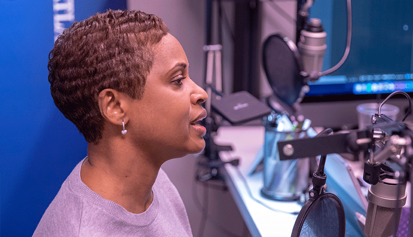 Nell Campbell-Drake, a vice president in the Retail Payments Office, during the recording of a podcast episode.