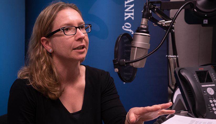 Veronika Penciakova, a research economist and assistant adviser in the Research Department of the Atlanta Fed during the recording of a podcast episode.