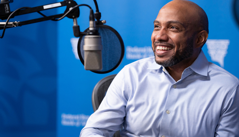 Lali Shaffer and Douglas King, both of the Atlanta Fed,  recording a podcast episode.