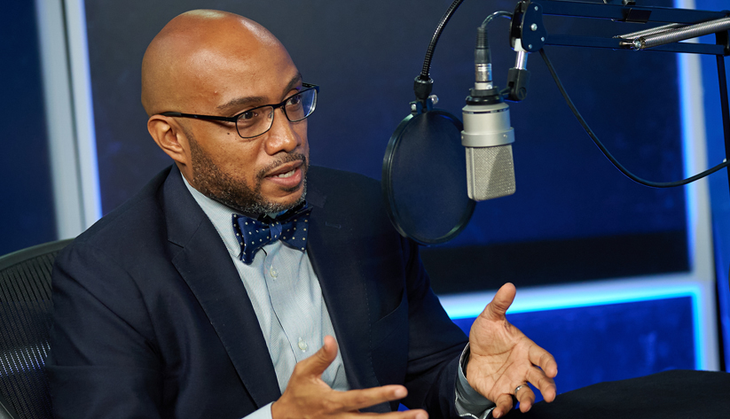 photo of the Atlanta Fed's Domonic Purviance during the recording of a podcast episode. Photo by Stephen Nowland