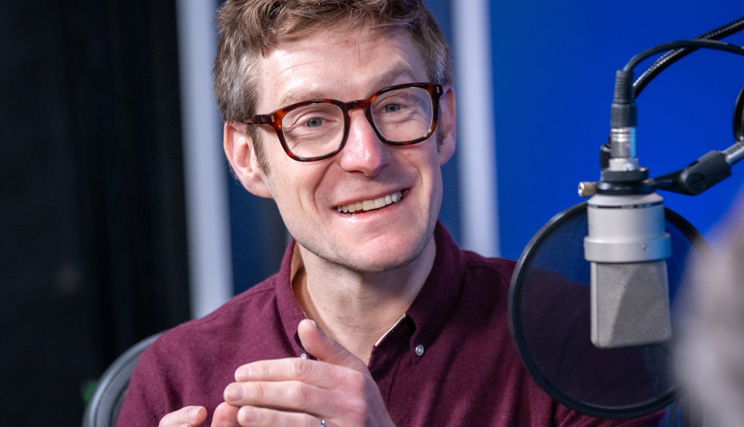 Photo of David Wiczer during the recording of the podcast episode. Photo by Stephen Nowland.