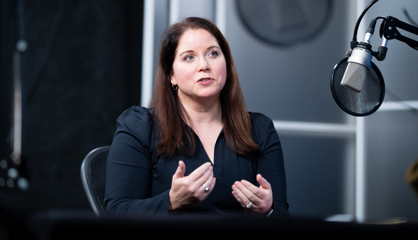Photo of Michelle Dennard during the recording of the podcast episode. Photo by Stephen Nowland.