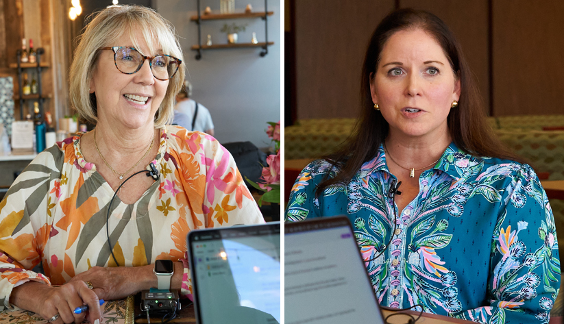 Photo of the Atlanta Fed's Sarah Arteaga and Michelle Dennard during the recording of a podcast episode. Photos by David Fine.