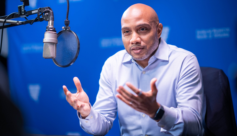 Photo of the Atlanta Fed's Domonic Purviance during the recording of a podcast episode. Photo by David Fine.