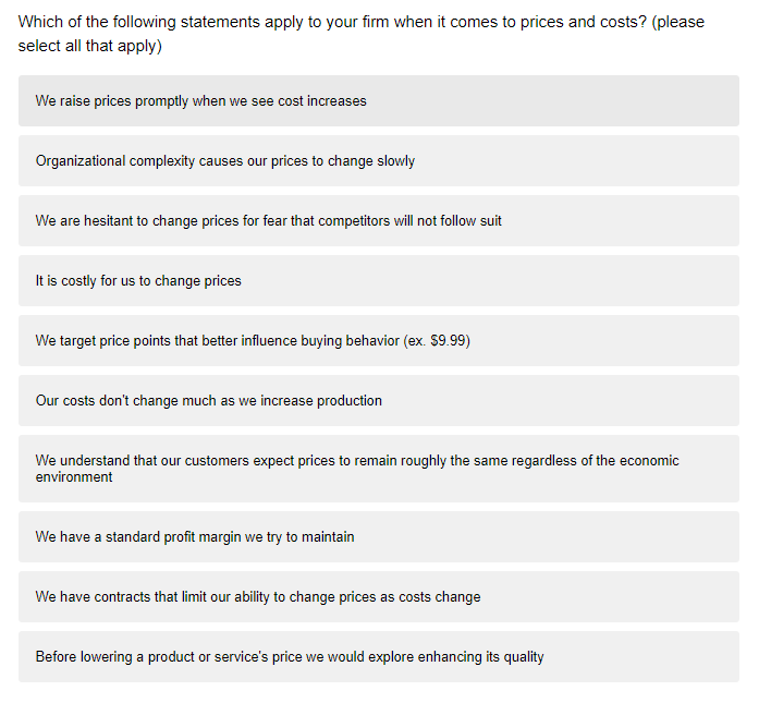 BIE Special Question - August 2018 - Statements Describing Firms' prices and costs