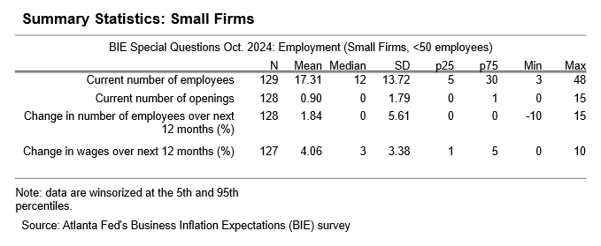 Business Inflation Expectations - October 2024 - Table 8: Small Firms