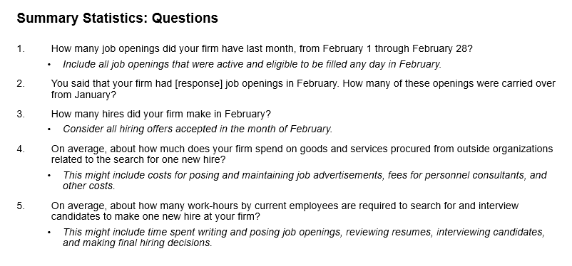 Business Inflation Expectations - March 2025 - Summary Statistics: Questions