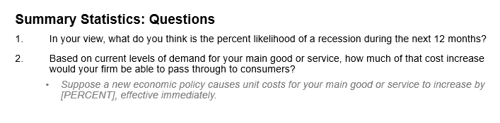 Business Inflation Expectations - April 2025 - Summary Statistics: Questions