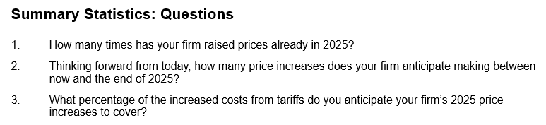 Business Inflation Expectations - July 2025 - Summary Statistics: Questions