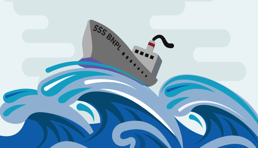 ship on ocean wave crest with initials b-n-p-l